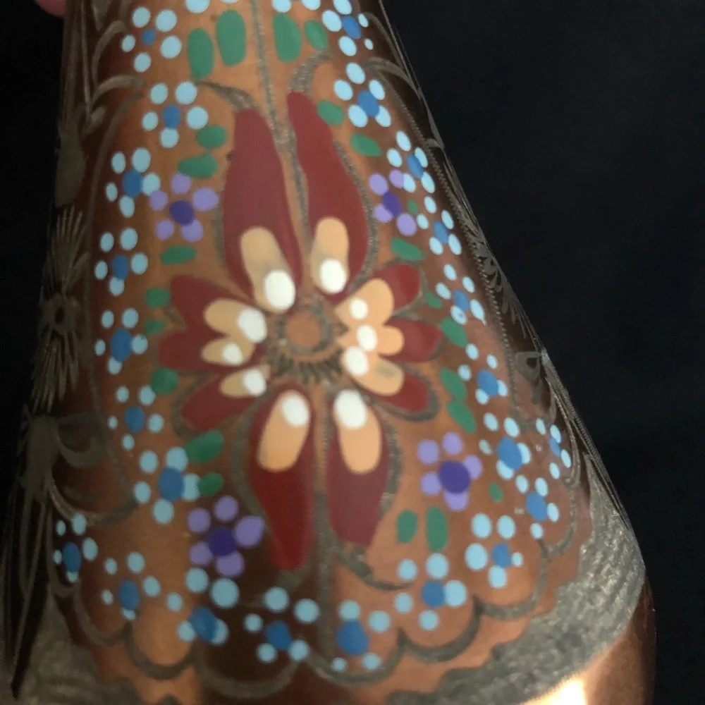 Vintage Hand Painted & Etched Copper Vase with Floral Designs